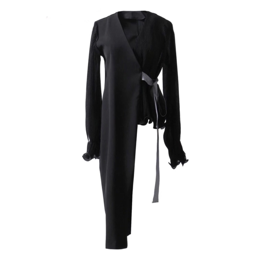 Black & White Pleated Asymmetrical Wrap Top - Picture 3 of 8